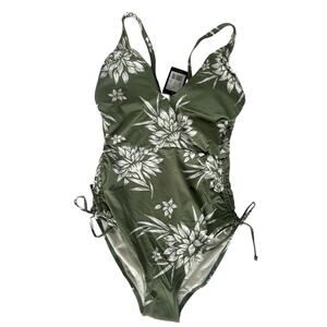 NWT Women Medium Sunn Lab One Piece Swimsuit Plunging Halter Swim Green #5280